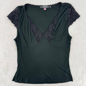Vintage Y2K Babydoll Top Forest Green Black Lace Trim Rampage Vamp Whimsigoth